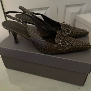 Gorgeous crocodile and tweed kitten heel shoe
